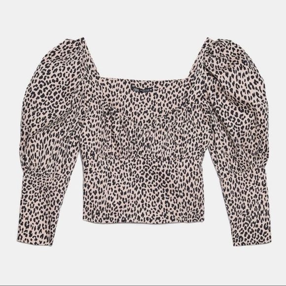 ZARA PUFF LONG SLEEVE LEOPARD CHEETAH CROP PEPLUM BALOON SLEEVE SWEETHEART NECK - Picture 2 of 7